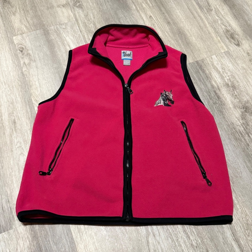 Ideal Fleece Vest Horse Embroidery Full Zip Sleeveless Jacket Pink L